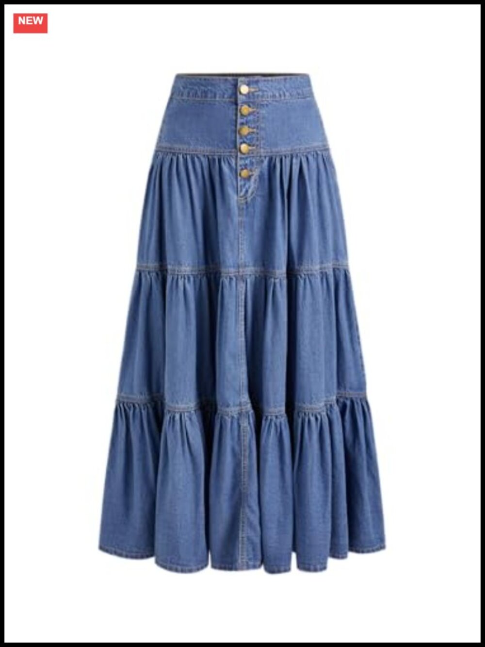 High Rise Denim Maxi Tiered Button Down Skirt with Pockets